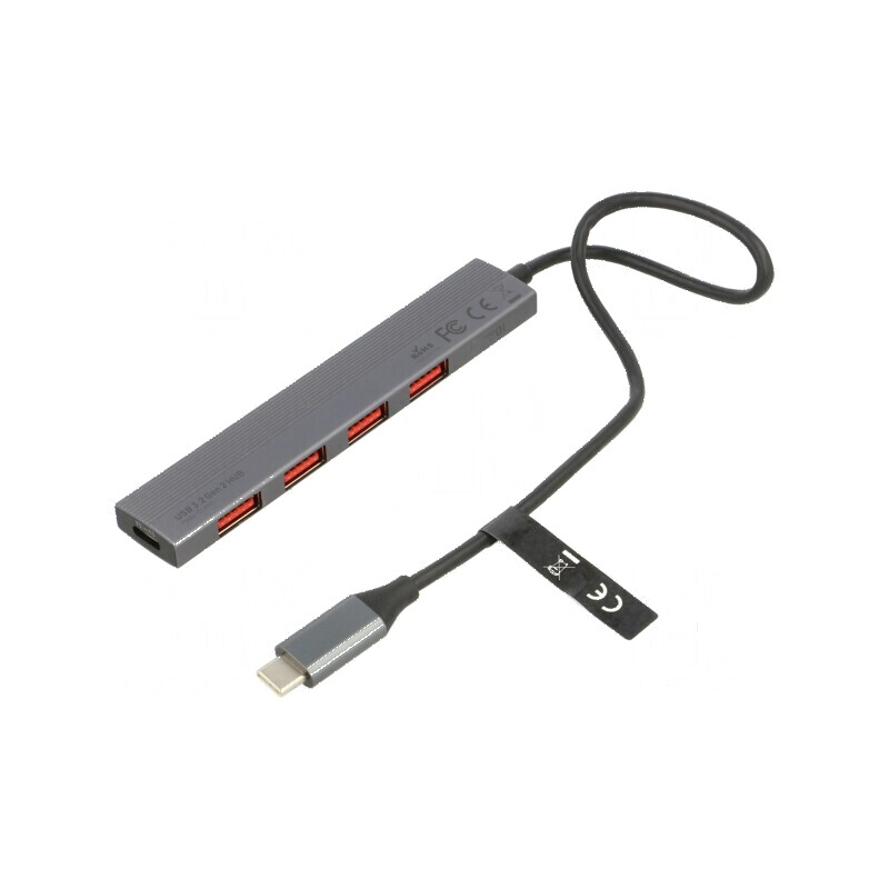 Hub USB cu 4 porturi USB A, port USB C și mufă USB C, cablu gri 0,25m | Electronic-mag.ro | Componente Electronice