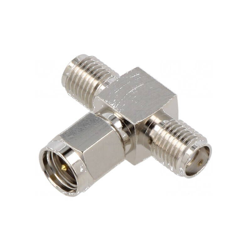 Adaptor SMA soclu x2, SMA mufă 6GHz 50Ω - Placare nichelată: Adaptor SMA dual socket x2, SMA plug 6GHz 50Ω - Nickel plated | Ele