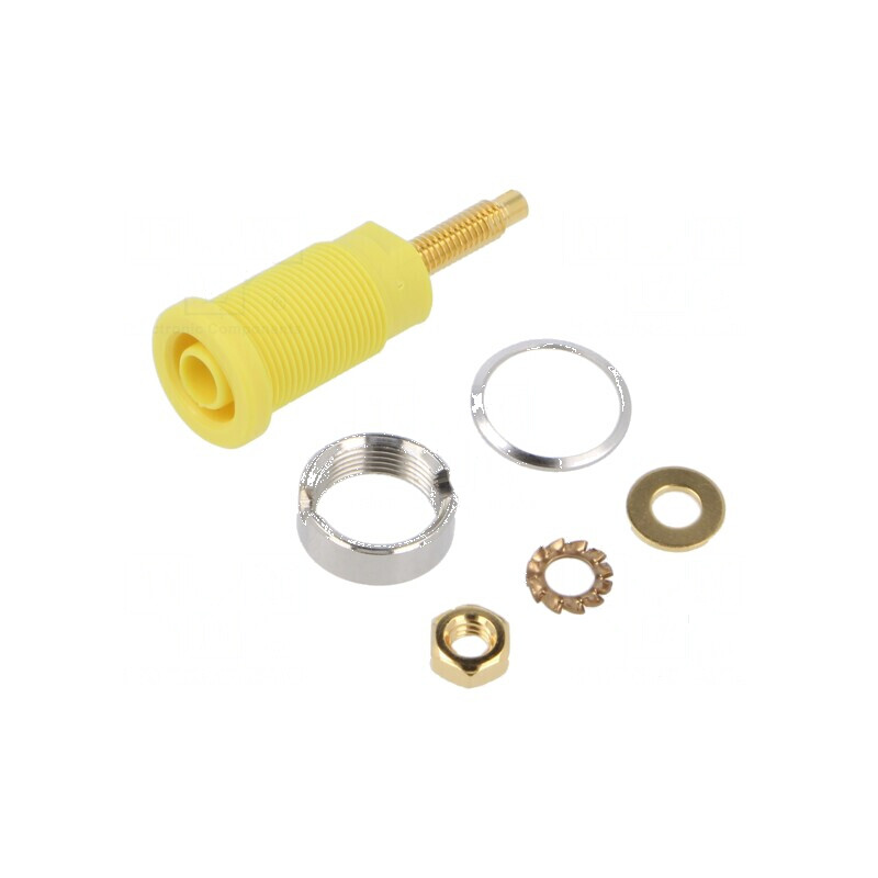 Conector banană 4mm soclu 32A 1kV galben aurit pe panou | Electronic-mag.ro | Componente Electronice