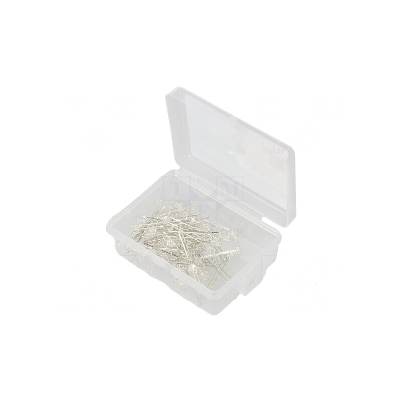 Set LED THT 3mm 50buc alb cald 7,5mA 30° cutie plastic | Electronic-mag.ro | Componente Electronice