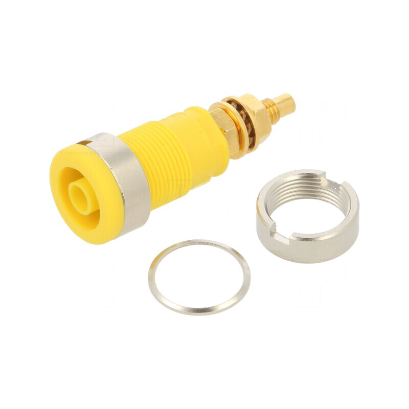 Conector banană 4mm soclu 32A 1kVDC galben aurit înşurubare | Electronic-mag.ro | Componente Electronice