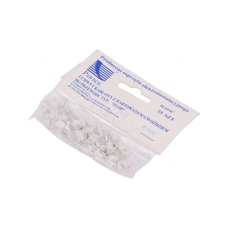 Element de susținere albă pe cablu rotund 25 buc cu cui 4 mm | Electronic-mag.ro | Componente Electronice