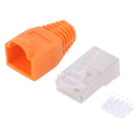 Conector RJ45 ecranat Cat 6 cu manșon portocalie, mufă PIN 8 | Electronic-mag.ro | Componente Electronice