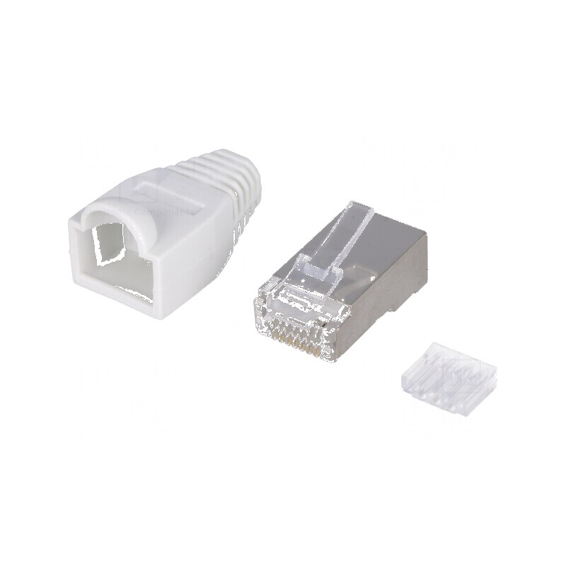 Conector RJ45 ecranat Cat 6 cu manșon alb drept - Mufă PIN 8 | Electronic-mag.ro | Componente Electronice
