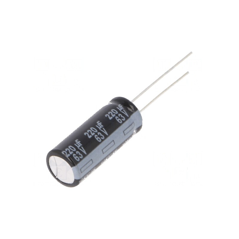 Condensator Electrolitic Low ESR THT 220uF 63VDC, Dimensiuni Ø10x25mm, Componentă Electronică de Calitate | Electronic-mag.ro | 