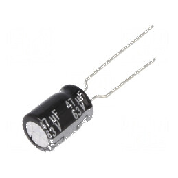 Condensator electrolitic THT 47uF 63VDC Ø8x11,5mm Raster 5mm - componentă electronică | Electronic-mag.ro | Componente Electroni