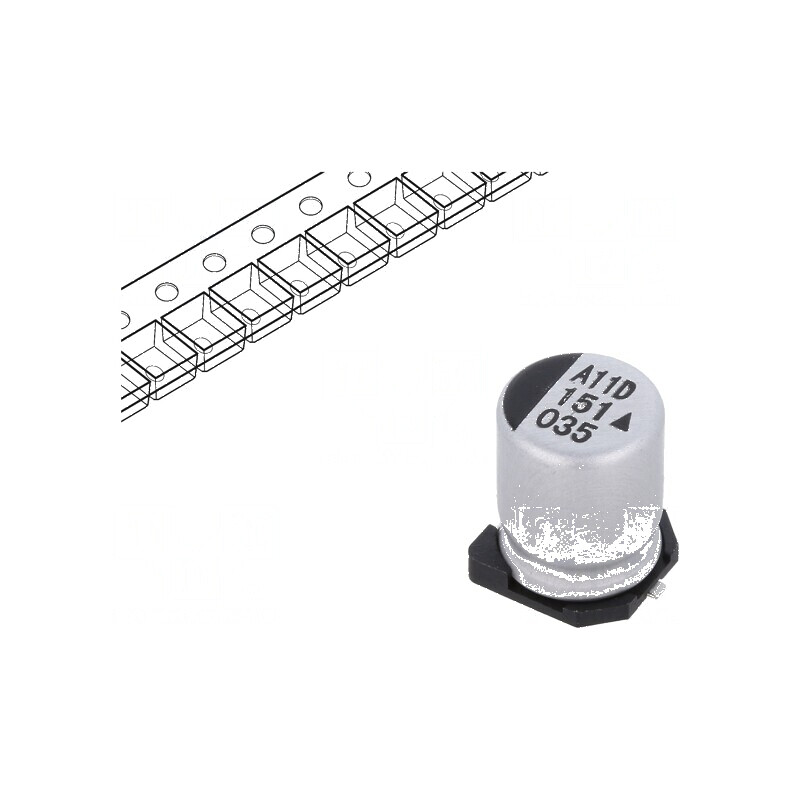 Condensator electrolitic SMD 150uF 35VDC Ø8x10,5mm 5000h - Componentă electronică pentru circuite | Electronic-mag.ro | Componen
