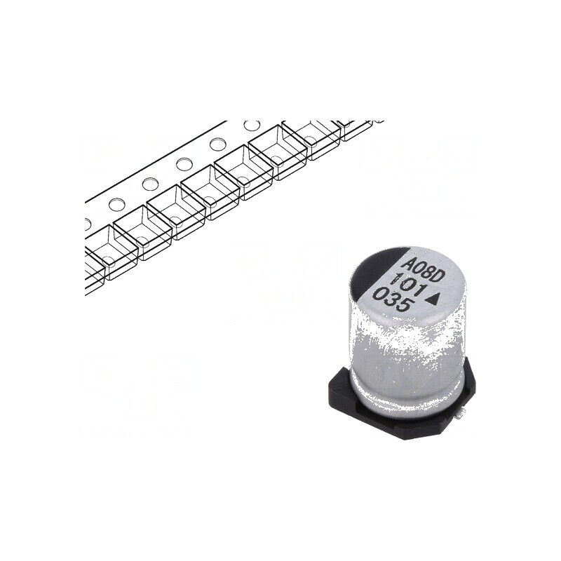 Condensator electrolitic SMD 100uF 35VDC Ø8x10,5mm 5000h pentru circuite electronice | Electronic-mag.ro | Componente Electronic
