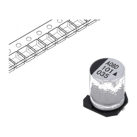 Condensator electrolitic SMD 100uF 35VDC Ø8x10,5mm 5000h pentru circuite electronice | Electronic-mag.ro | Componente Electronic