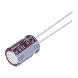 Condensator electrolitic low ESR THT 47uF 63VDC Ø8x11,5mm pentru circuite electronice | Electronic-mag.ro | Componente Electroni