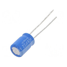 Condensator electrolitic THT 22uF 63VDC Ø8x11,5mm ±20% 1000h pentru circuite electrice | Electronic-mag.ro | Componente Electron