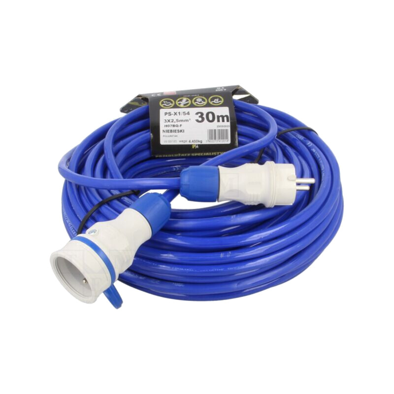 Prelungitor alimentare; 3x2,5mm2; Prize: 1; PUR; albastru; 30m; 16A