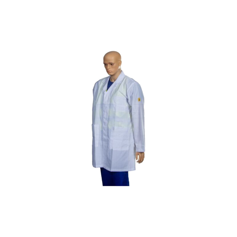 Halat; ESD; L; bumbac,poliester,fibre conductoare; albă; 115g/m2 Halat; ESD; L; bumbac,poliester,fibre conductoare; albă; 115g/m2
