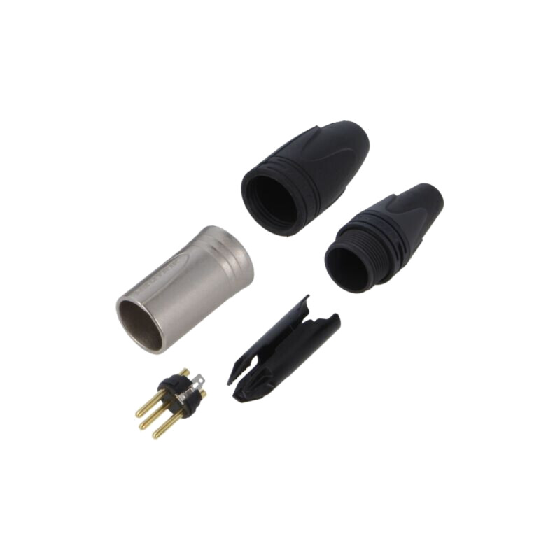 Conector: XLR; mufă; tată; PIN: 3; drept; pe cablu; lipire; 16A; 14AWG