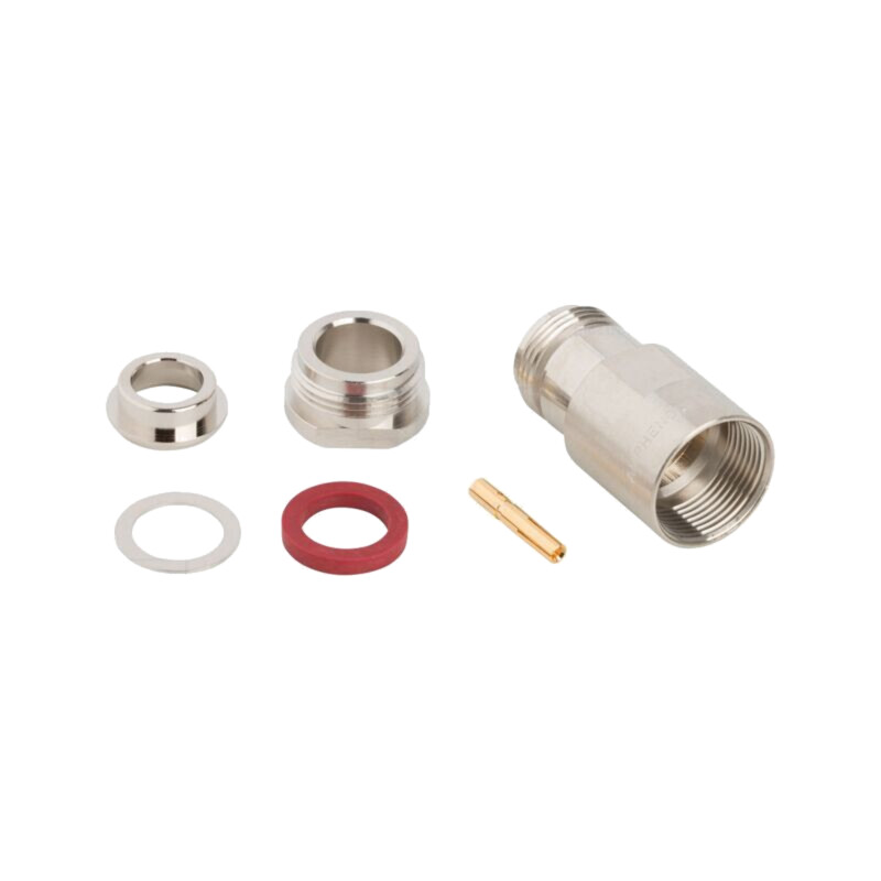 Conector: N; mufă; mamă; drept; 50Ω; lipire,răsucire (clamp); PTFE