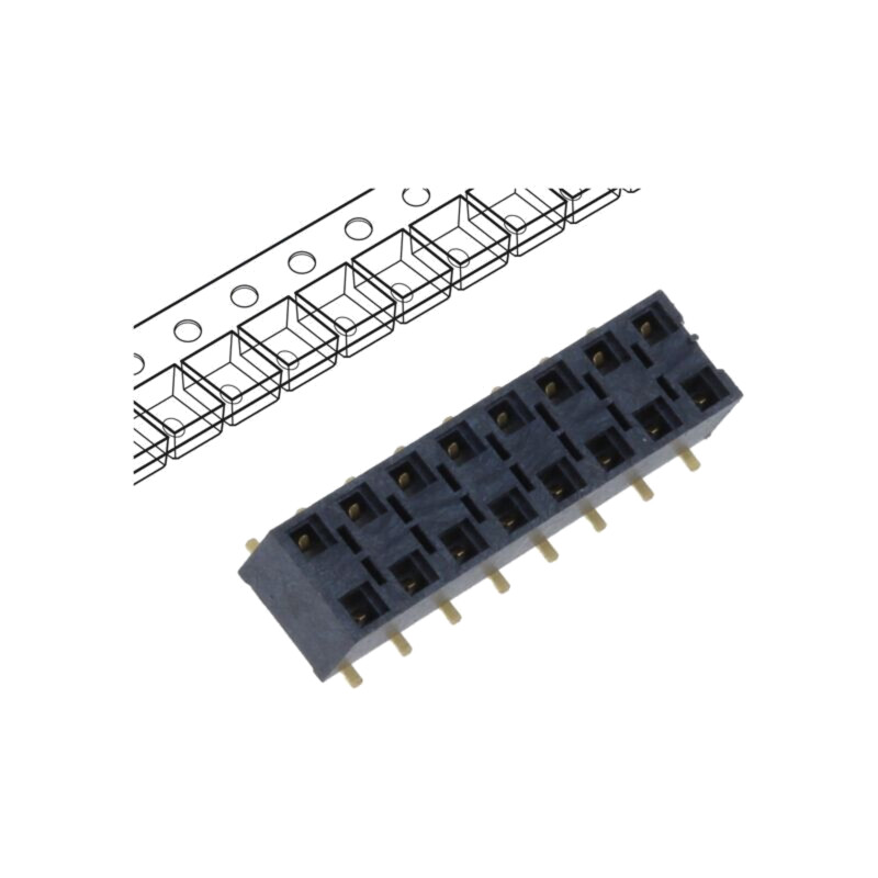 Conector: şiruri pini; mamă; PIN: 16; 2,54mm; aurit; SMT; soclu; rolă Conector: şiruri pini; mamă; PIN: 16; 2,54mm; aurit; SMT; soclu; rolă