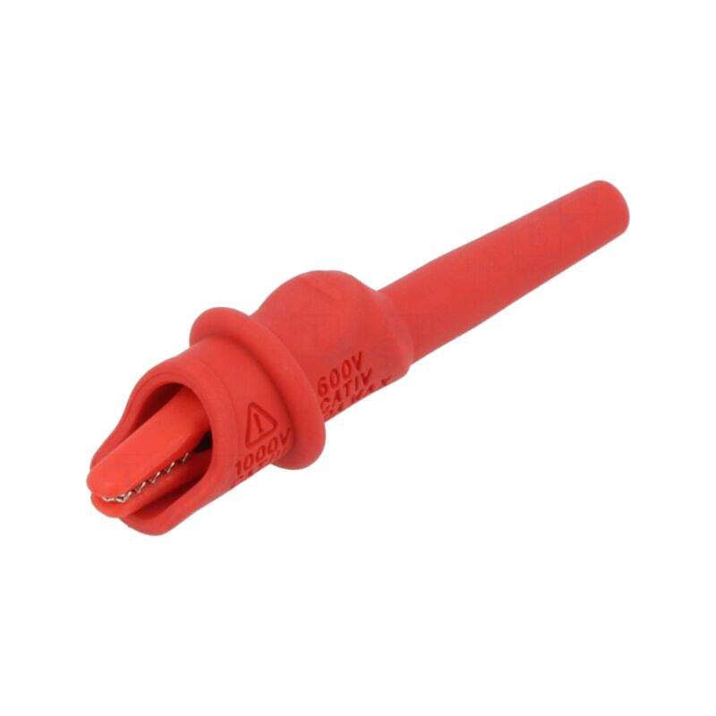 Bornă crocodil; 10A; Capacitate prindere: max.9mm; roşie; lipită