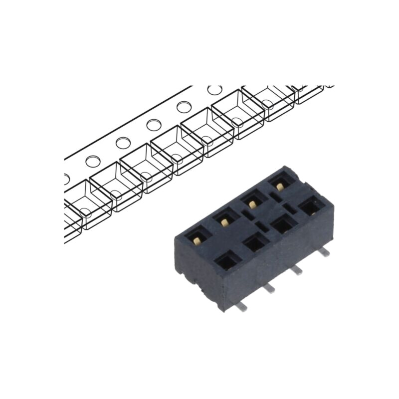 Conector: şiruri pini; mamă; PIN: 8; 2,54mm; aurit; SMT; soclu; rolă Conector: şiruri pini; mamă; PIN: 8; 2,54mm; aurit; SMT; soclu; rolă