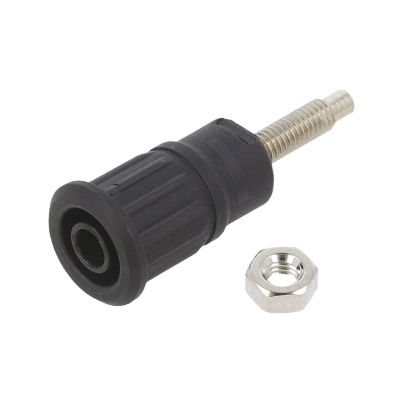Conector: banană 4mm; soclu; 32A; 1kV; neagră; nichelat; pe panou