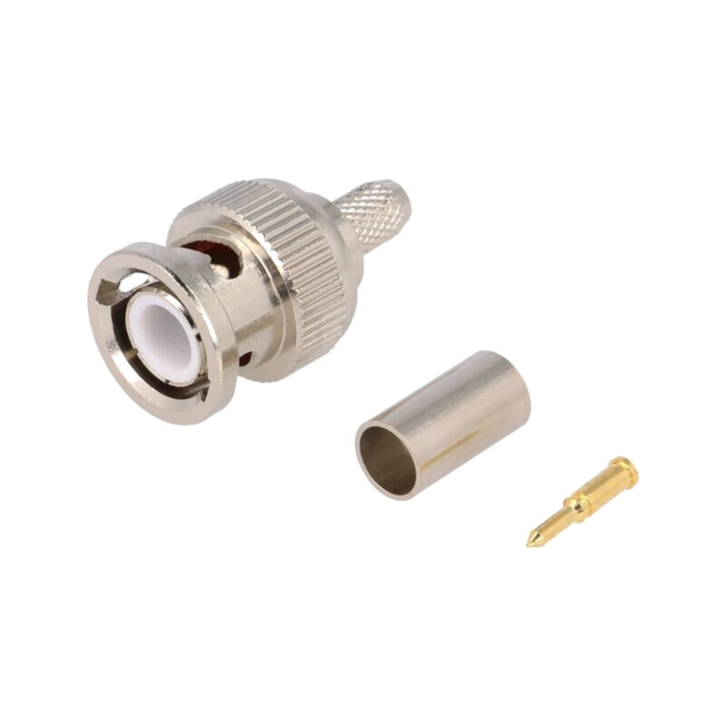 Conector: BNC; mufă; tată; drept; 50Ω; crimpat; pe cablu; PTFE; aurit Conector: BNC; mufă; tată; drept; 50Ω; crimpat; pe cablu; PTFE; aurit