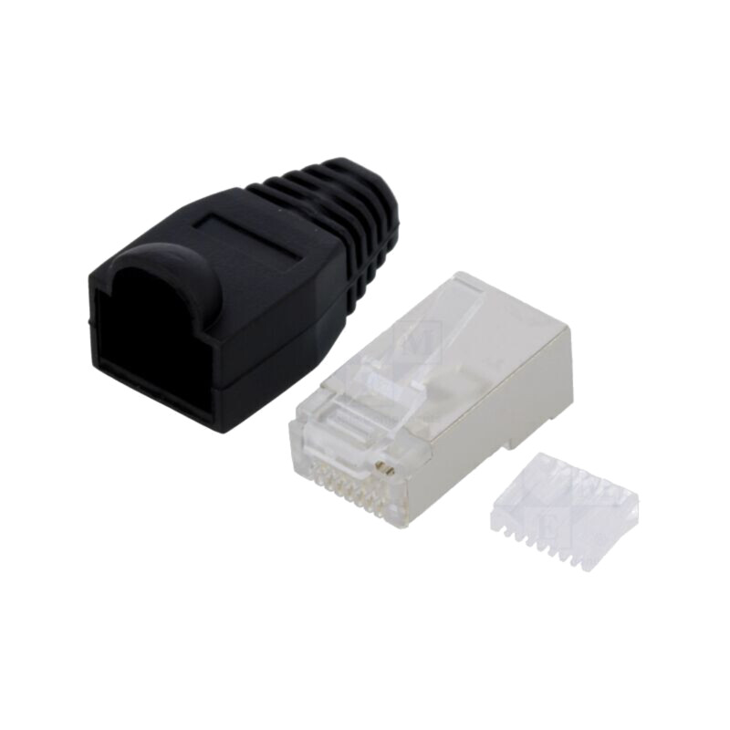 Conector: RJ45; mufă; PIN: 8; Cat: 6; ecranat,cu manşon; neagră; tată