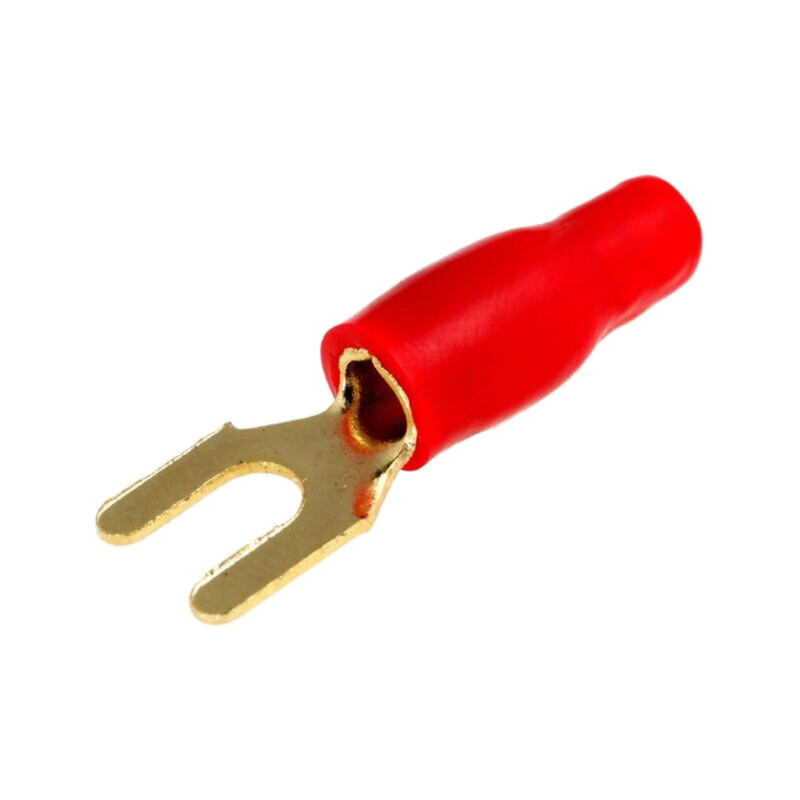Terminal: tip furcă; M4; 4mm2; aurit; izolată; roşie Terminal: tip furcă; M4; 4mm2; aurit; izolată; roşie