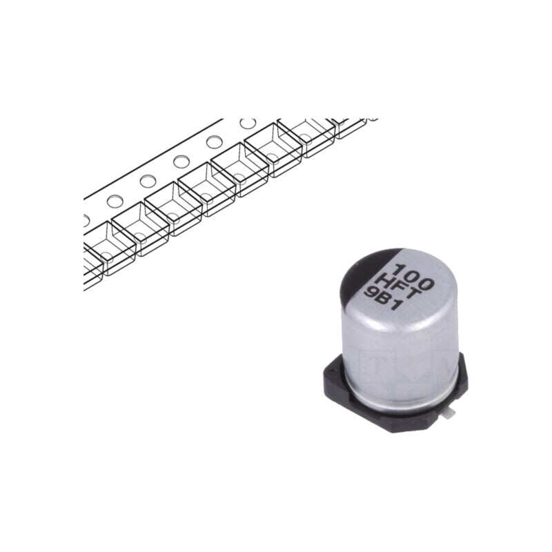Condensator: electrolitic; low ESR; SMD; 100uF; 50VDC; Ø6,3x7,7mm Condensator: electrolitic; low ESR; SMD; 100uF; 50VDC; Ø6,3x7,7mm