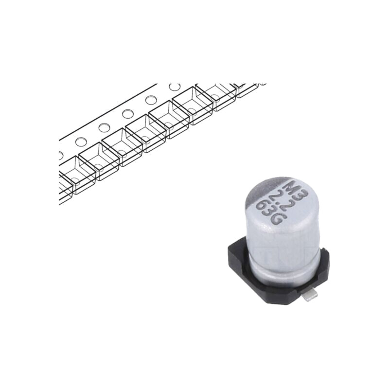Condensator: electrolitic; SMD; 2,2uF; 63VDC; ±20%; -55÷105°C