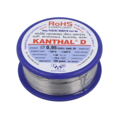 Fir de rezistenţă; 1,9Ω/m; -100÷1300°C; 0,1kg; Øext: 0,95mm; 20SWG