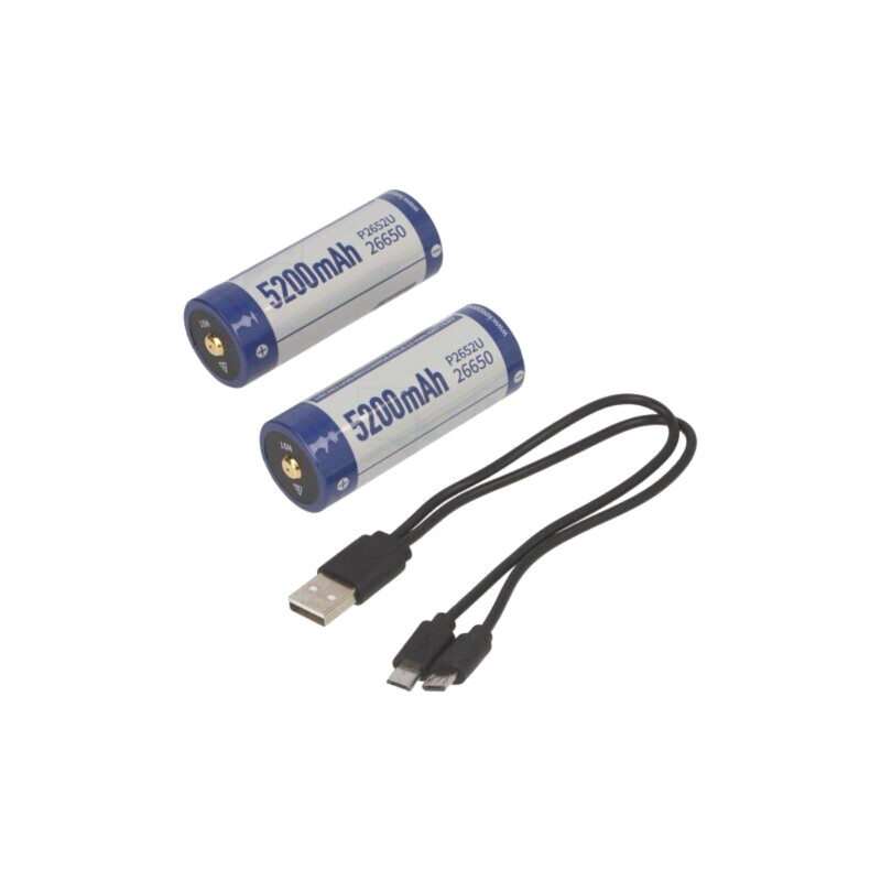 Acumul: Li-Ion; 26650; 3,6V; 5200mAh; Ø26,3x70,5mm; Kit: cablu USB