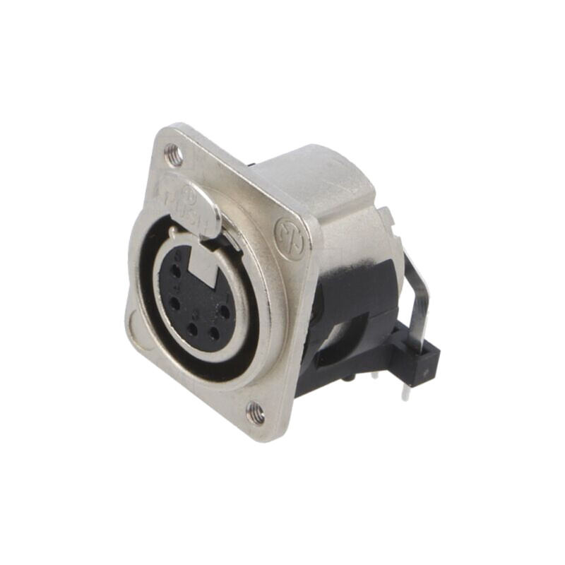 Conector: XLR; soclu; mamă; PIN: 5; în unghi 90°; cu buton; THT; 3A