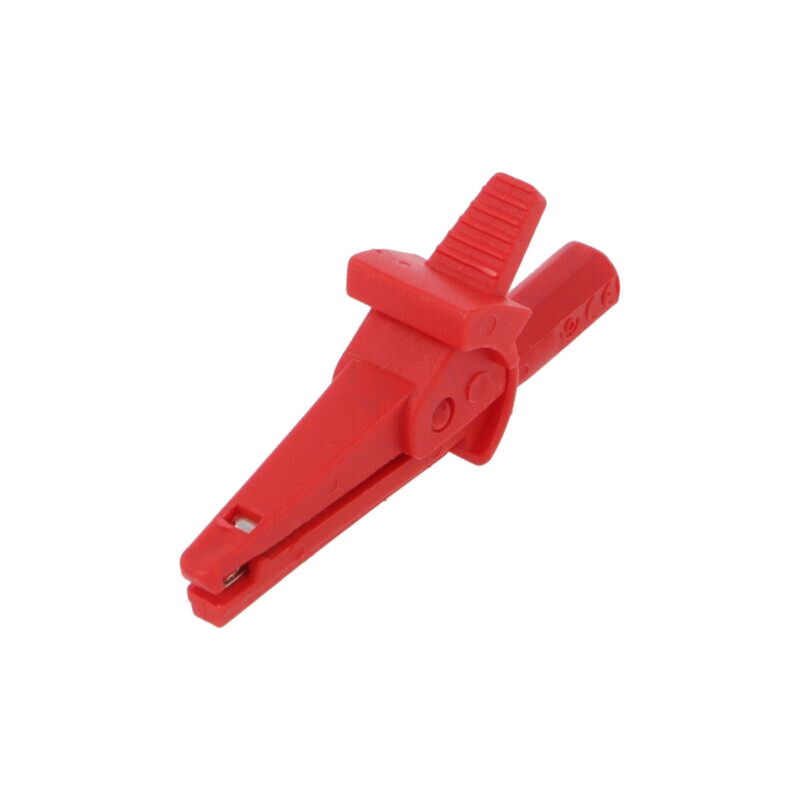 Bornă crocodil; 10A; 600VDC; roşie; Capacitate prindere: max.6mm