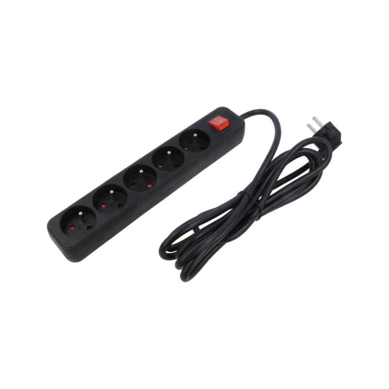 Prelungitor alimentare; 3x1mm2; Prize: 5; gumă; negru; 1,5m; 10A