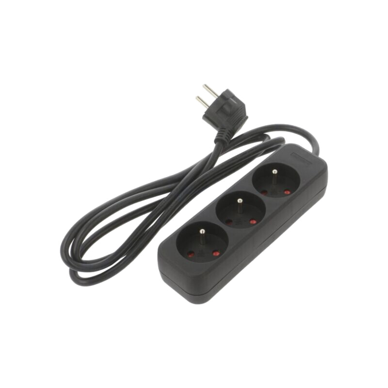 Prelungitor alimentare; 3x1mm2; Prize: 3; gumă; negru; 1,5m; 10A