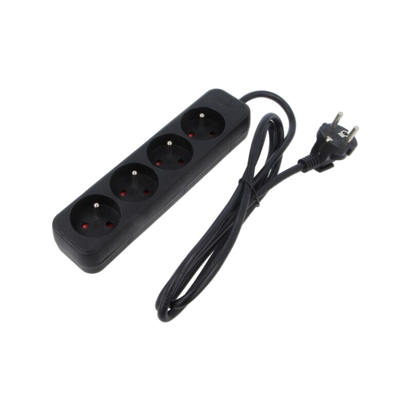 Prelungitor alimentare; 3x1mm2; Prize: 4; gumă; negru; 1,5m; 10A