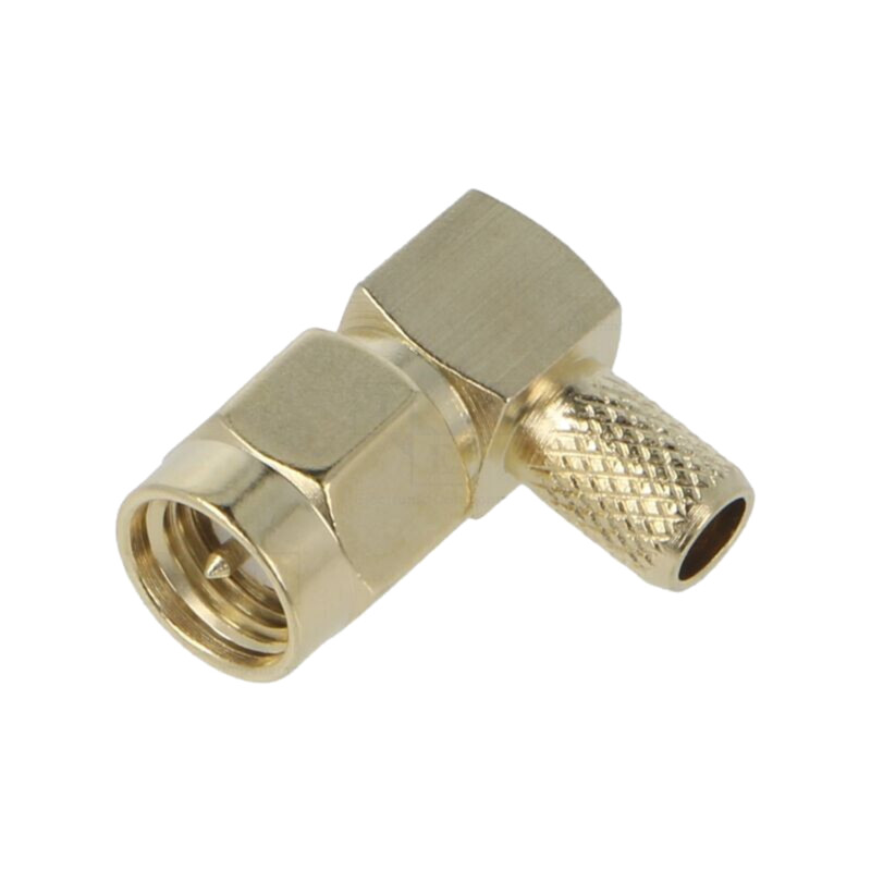 Conector: SMA; mufă; tată; în unghi 90°; 50Ω; lipire,crimpat; PTFE