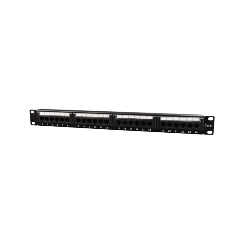 Patch panel; neagră; Număr porturi: 24; Cat: 6; RJ45 soclu x24