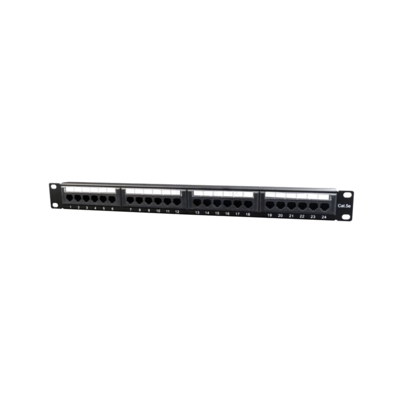 Patch panel; neagră; Număr porturi: 24; Cat: 5e; RJ45 soclu x24