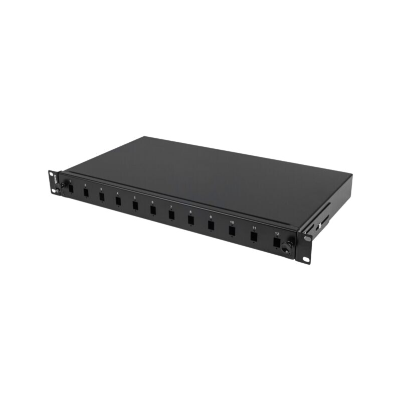Patch panel de fibră optică; neagră; Număr porturi: 12; rack 19"