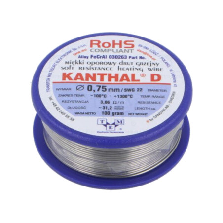 Fir de rezistenţă; 3,06Ω/m; -100÷1300°C; 0,1kg; Øext: 0,75mm