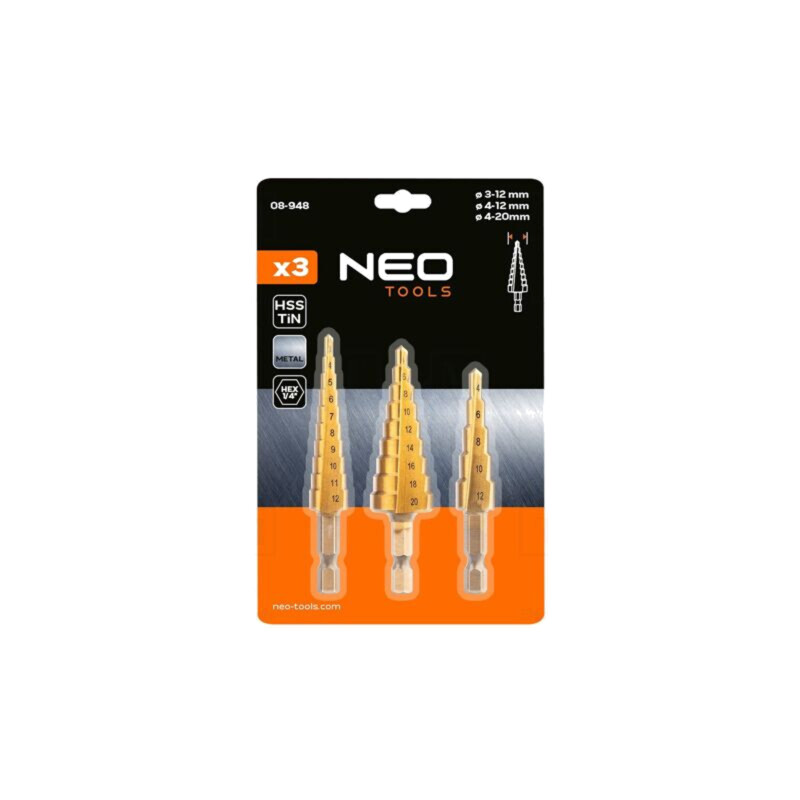 Set de burghie; graduale,conic,în trepte; oţel rapid HSS; 3buc.