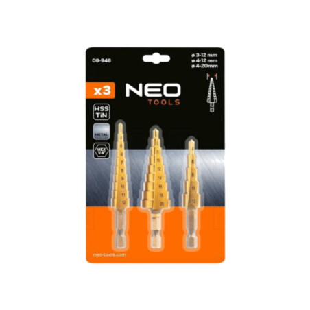 Set de burghie; graduale,conic,în trepte; oţel rapid HSS; 3buc.