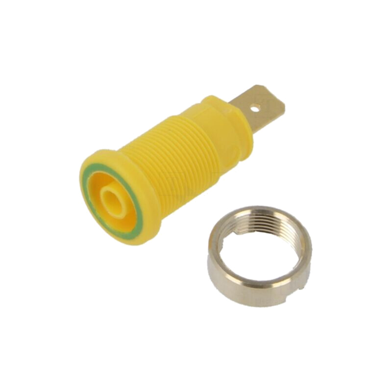 Conector: banană 4mm; soclu; 32A; 1kV; galben-verde; aurit; 33mm