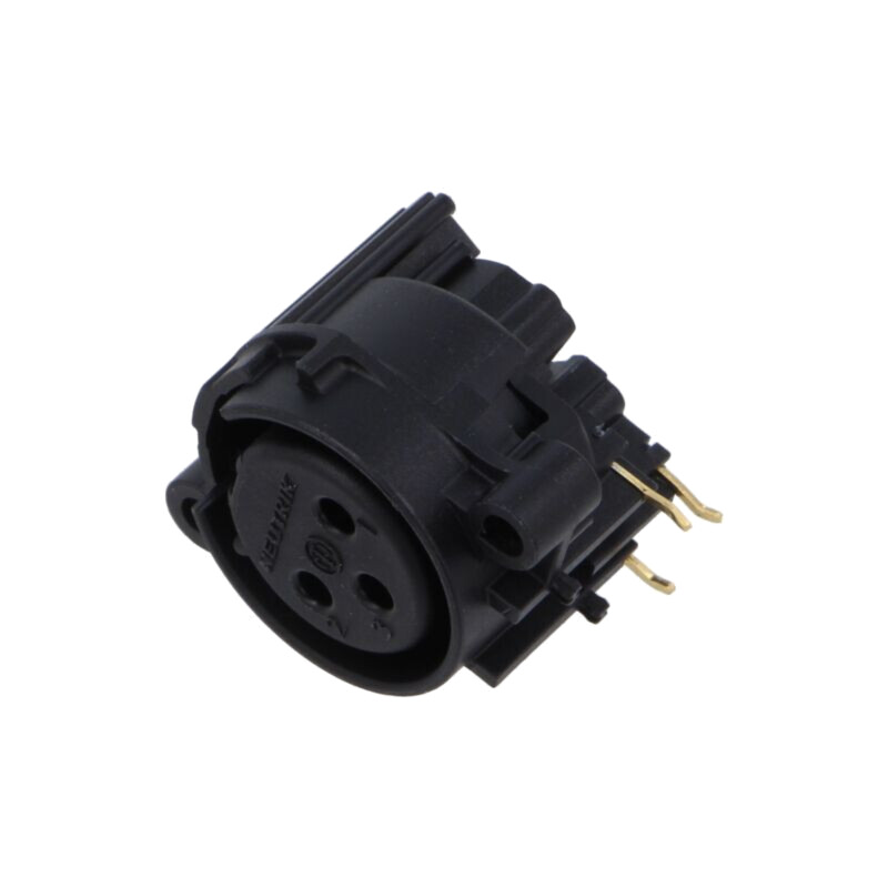 Conector: XLR; soclu; mamă; PIN: 3; în unghi 90°; cu buton; THT; 6A