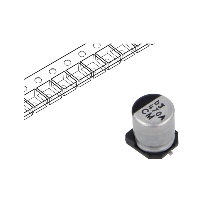 Condensator: electrolitic; low ESR; SMD; 470uF; 10VDC; Ø6,3x7,7mm Condensator: electrolitic; low ESR; SMD; 470uF; 10VDC; Ø6,3x7,7mm