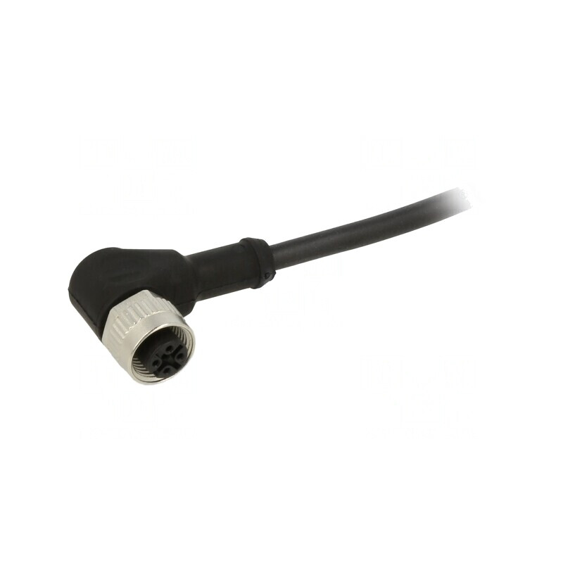Conector cablu unghiular M12-A femelă, 4 pini, neblindat, turnat pe cablu, IP69K, UL, PUR, negru, 4 x 0,34 mm², 5 m | Electronic