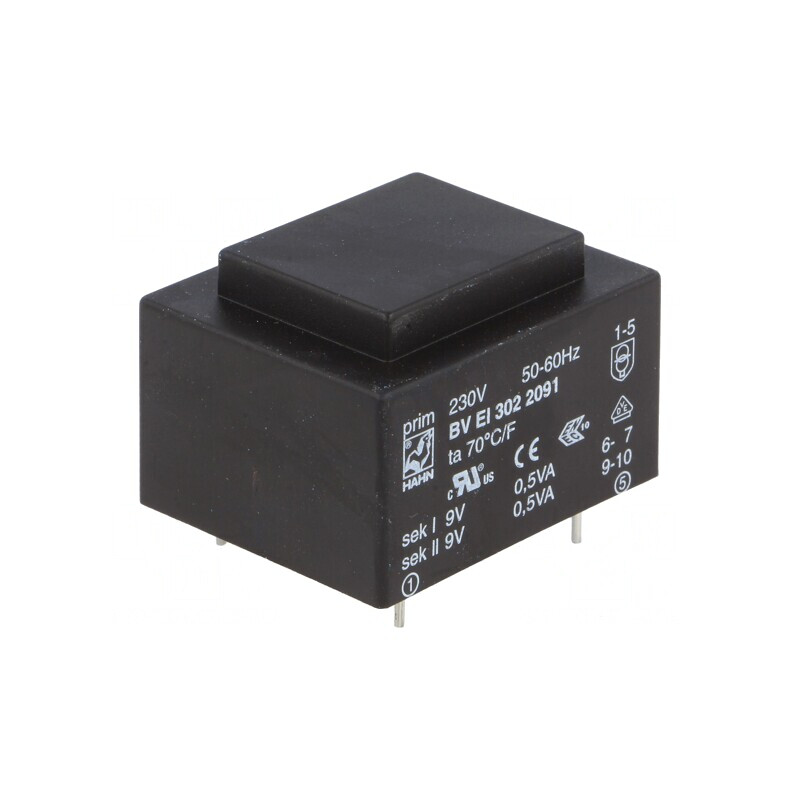 Transformator încapsulat 1VA 230VAC 9V 56mA PCB | Electronic-mag.ro | Componente Electronice