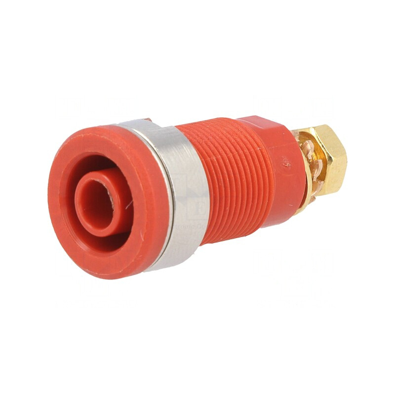 Soclu banană 4mm 32A roșu aurit pe panou | Electronic-mag.ro | Componente Electronice