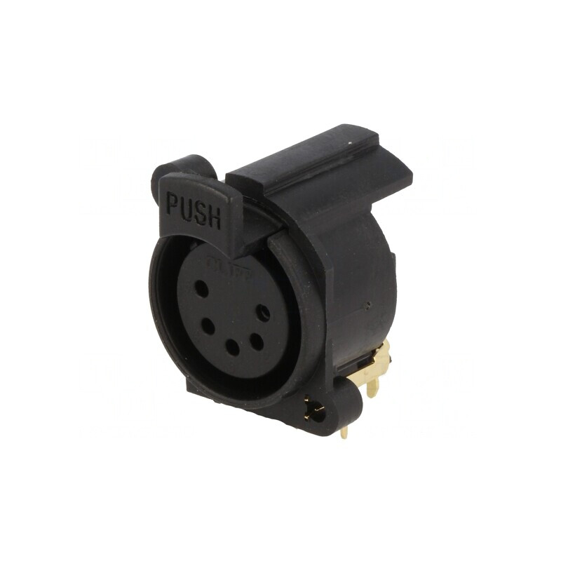 Soclu XLR mamă 5 pini unghi 90° cu buton negru THT 5A | Electronic-mag.ro | Componente Electronice