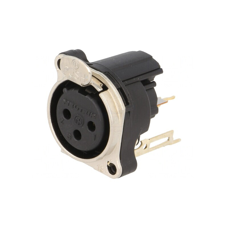 Soclu XLR mamă 3 pini argint 6A cu buton THT | Electronic-mag.ro | Componente Electronice